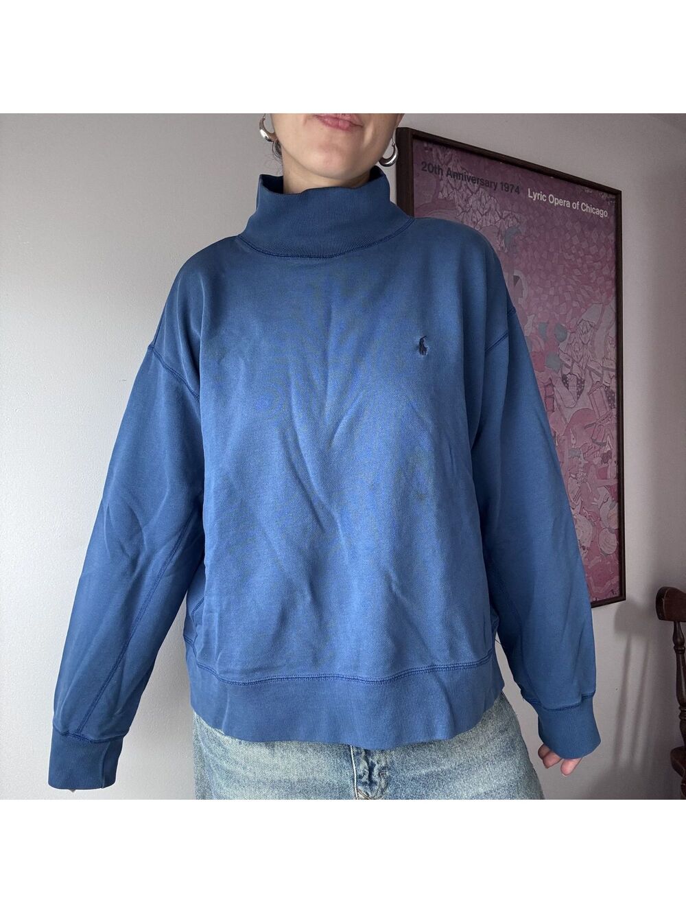 Ralph Lauren Blue Turtleneck Mock Neck Sweatshirt Size Large